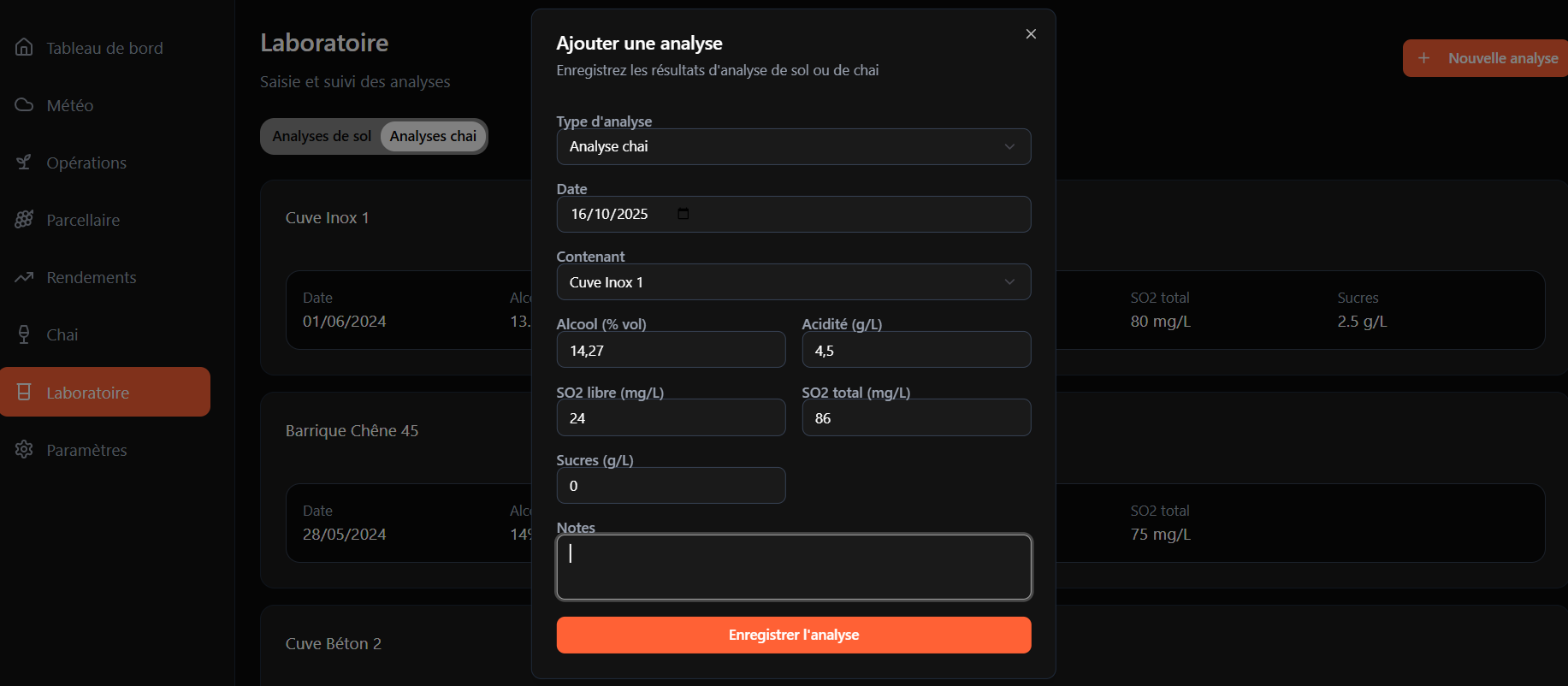 Ajout d'analyses de vin